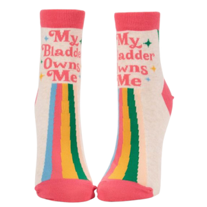 MY BLADDER OWNS ME ANKLE SOCKS 2023 THE SOCK BAR. Rainbow down the front the writing at the top front of the ankle socks.