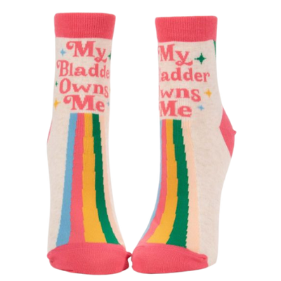 MY BLADDER OWNS ME ANKLE SOCKS 2023 THE SOCK BAR. Rainbow down the front the writing at the top front of the ankle socks.