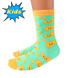 A close-up of Uptown Sox's Mac and Cheese Socks with a fun, bright pattern of macaroni and cheese bowls. Ideal for food lovers looking to add some fun to their sock collection.