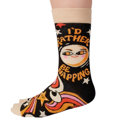 Custom 'Nap Time' socks with a cozy, relaxed design, perfect for lounging and taking a well-deserved nap.