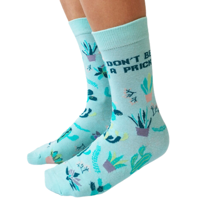 Prickly Women's Crew Socks New 2023. Cactus and plants all over with the print on socks "Don't be a prick"