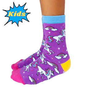 RAINBOWS AND UNICORNS SOCKS. Purple socks with rainbows and unicorns.