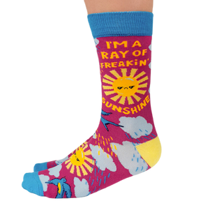 Print on Socks: "I'm a freakin' ray of sunshine". Mad Sun with Sky view of clouds and birds. 