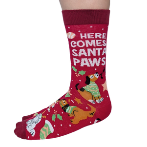 Festive ‘Santa Paws for Her’ socks with holiday puppy print – perfect gift for dog lovers