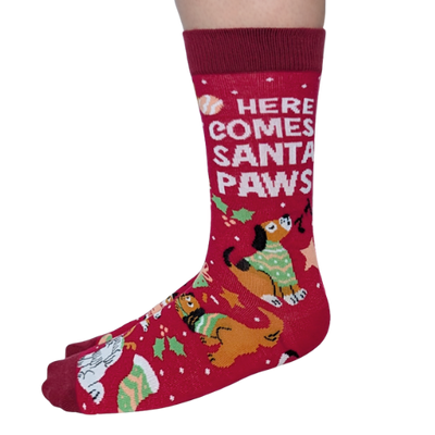 Festive ‘Santa Paws for Her’ socks with holiday puppy print – perfect gift for dog lovers