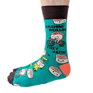 Sashimi Rollin’ men’s socks – fun sushi-themed socks with sashimi and maki roll illustrations