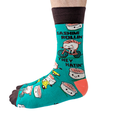 Sashimi Rollin’ men’s socks – fun sushi-themed socks with sashimi and maki roll illustrations