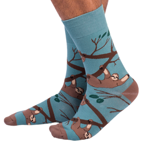 Slothin’ Around men’s socks featuring a fun sloth design, cozy crew style, and comfortable fit — perfect for lounging and everyday wear.