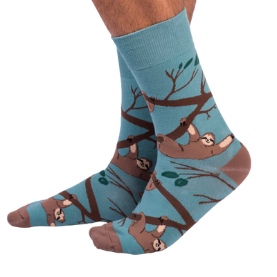 Slothin’ Around men’s socks featuring a fun sloth design, cozy crew style, and comfortable fit — perfect for lounging and everyday wear.