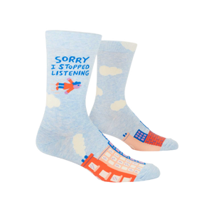 Sorry I Stopped Listening crew socks with bold, humorous text design.