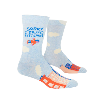 Sorry I Stopped Listening crew socks with bold, humorous text design.
