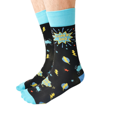 Super Dad Men's Crew Socks. New! For the man who's always dad to the bone. 70% Combed Cotton, 28% Nylon and 2% Spandex. Reinforced stitching on toe to protect from wear. Print on Socks: "Super Dad" and "Super Tired"