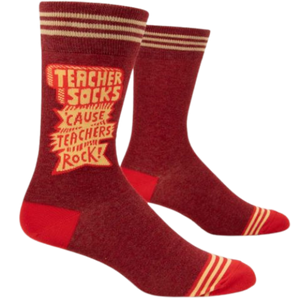 Teacher Socks for Him, maroon color with the writing Teacher Socks 'Cause Teachers Rock!