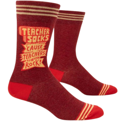 Teacher Socks for Him, maroon color with the writing Teacher Socks 'Cause Teachers Rock!