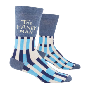 Blue shades and white pattern with writing "The Handy Man"