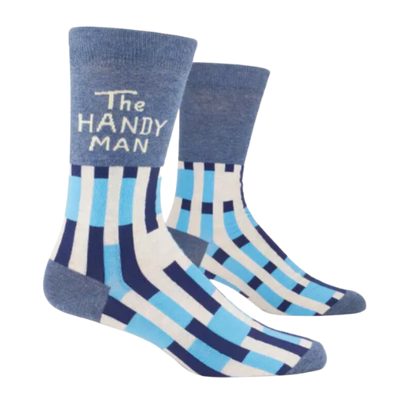 Blue shades and white pattern with writing "The Handy Man"