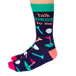 Talk Birdie to Me women’s crew socks with cute bird and golf-themed design