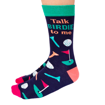 Talk Birdie to Me women’s crew socks with cute bird and golf-themed design