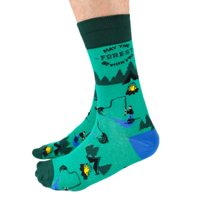 The Woodsman Crew Socks. Green socks with fisherman catching fish, campfire, tent and trees. May the forest be with you.