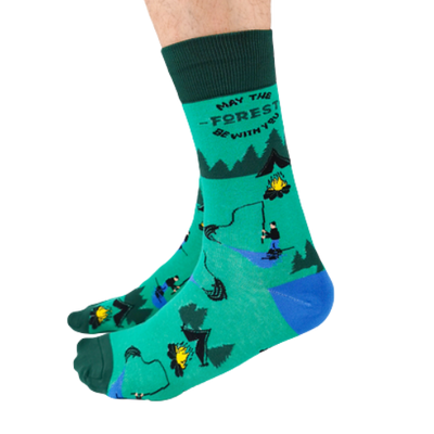 The Woodsman Crew Socks. Green socks with fisherman catching fish, campfire, tent and trees. May the forest be with you.