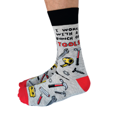 Tool Time Men's Crew Socks. New. Pattern tools, I work with a bunch of Tools writing on it.