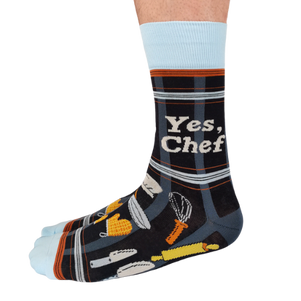 Custom 'Yes Chef' socks with a fun design, ideal for chefs and food enthusiasts who love to cook in style.