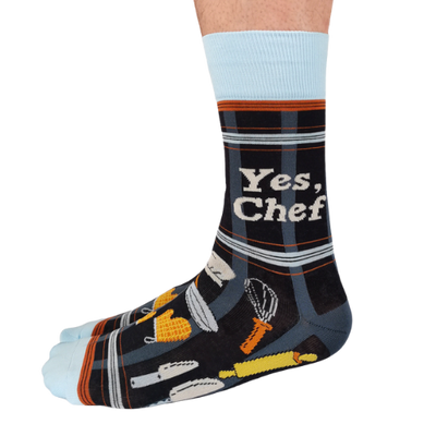 Custom 'Yes Chef' socks with a fun design, ideal for chefs and food enthusiasts who love to cook in style.