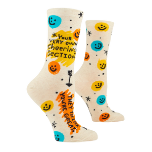 Blue Q W-Crew socks with the message "Your Very Own Cheering Section. They Think You're Great," designed to spread positivity and encouragement with every wear.