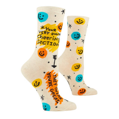 Blue Q W-Crew socks with the message "Your Very Own Cheering Section. They Think You're Great," designed to spread positivity and encouragement with every wear.