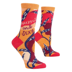 Anxious and Sexy Women's crew socks. Yellow, orange and reds with blue pattern. 