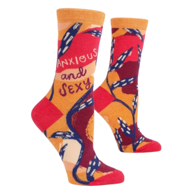 Anxious and Sexy Women's crew socks. Yellow, orange and reds with blue pattern. 
