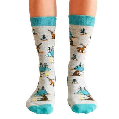Camping Queen Women's Socks. Moose and Bears camping with tent and tree pattern.  Socks designed in Canada. Reinforced Stitchng, Vibrant Colors. 70% Cotton. It's time for a revolution of fun socks for our Canadian Sock Lovers!