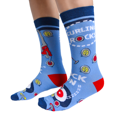 Curling Rocks (For Her) - Sock Bar. Blue Background with curler pushing rock to the end on the socks. Buy online Women's Novelty Socks.