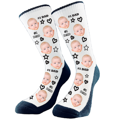 #1 Dad custom socks. Add any face to these epic socks which make the perfect gift for dad. Hearts, stars and #1 Dad pattern. Change the background to any color. 