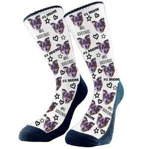 #1 Mom deserves #1 Socks! Hearts and stars with #1 Mom pattern with your cropped face or full body.  Choose your background color. Made in Canada.