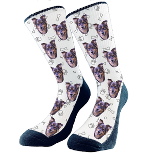 This party outline of dog bones and paw prints all over pattern is a real hit. We will crop your dog's face or full body onto the sock style you choose. Get custom socks with your very own fur babies face on them! They make the perfect gift for anyone who loves their dog! Perfect for any holiday, birthday, or anniversary!