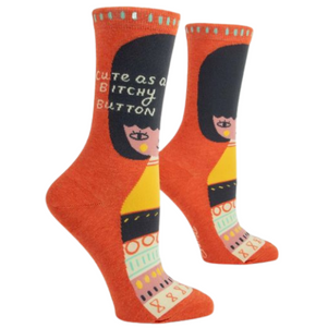 CUTE AS A BITCHY BUTTON W-CREW SOCKS.  Yes, that's bitchy in a good way. Women's shoe size 5-10. 50% combed cotton; 47% nylon; 3% spandex.