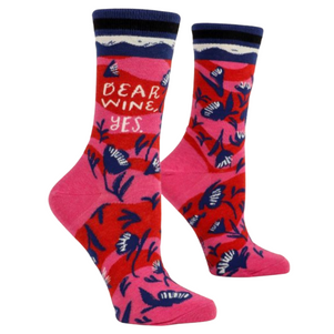 Dear Wine, Yes women's novelty socks. Red and pink colored pattern with blue flowers scattered with print on the top outside calf.  BUY AT WWW.SOCKBAR.CA
