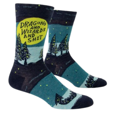 DRAGONS AND WIZARDS AND SHIT M-CREW SOCKS.  I like 'em. I like 'em all, Men's shoe size 7-12. 62% combed cotton; 35% nylon; 3% spandex.