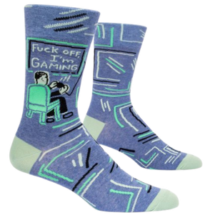 FUCK OFF, I'M GAMING M-CREW SOCKS. My body has melted into my chair, my vision is blurred, I haven't peed in hours and I feel GREAT. Men's shoe size 7-12. 51% combed cotton; 46% nylon; 3% spandex.