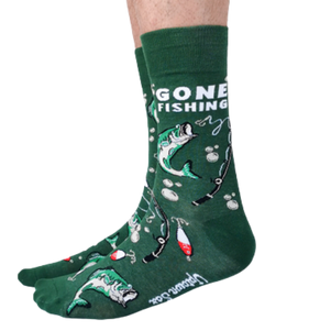 Gone Fishing Men's Socks. Green back background. Fishing rods, fish and bubbles. Wording on socks "Gone Fishing". Canadian Company.