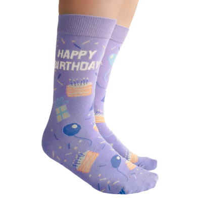 Happy Birthday Women's Socks. Purple background with cakes, presents and balloons.