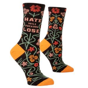 HATE WILL FUCKING LOSE W-CREW SOCKS. Let this be a warning. A comfy, cozy, stretchy, foot warning. Women's shoe size 5-10. 58% nylon; 40% combed cotton; 2% spandex.