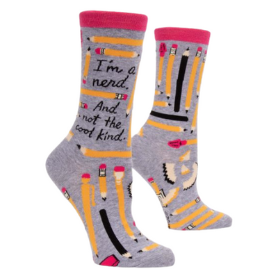 I'M A NERD. AND NOT THE COOL KIND. W-CREW SOCKS. Don't let the black rimmed glasses fool you, I'm not even one tiny bit cool. Women's shoe size 5-10. 50% nylon; 48% combed cotton; 2% spandex.