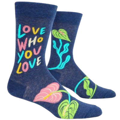 LOVE WHO YOU LOVE M-CREW SOCKS. It's all you need, it's all around, and it's available to every-freaking-one of ya. Men's shoe size 7-12. 55% combed cotton; 43% nylon; 2% spandex.
