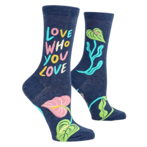Love Who You Love Socks. Blue background and flower pattern. The Sock Bar
