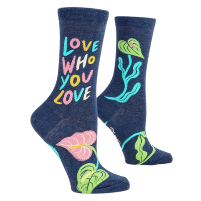 Love Who You Love Socks. Blue background and flower pattern. The Sock Bar