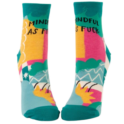 MINDFUL AS FUCK W-ANKLE SOCKS. The cool thing about mindful people is that they can still use the word "fuck." It's just that when they do, they do so from a more mindful perspective. Women's shoe size 5-10. 53% combed cotton; 45% nylon; 2% spandex.