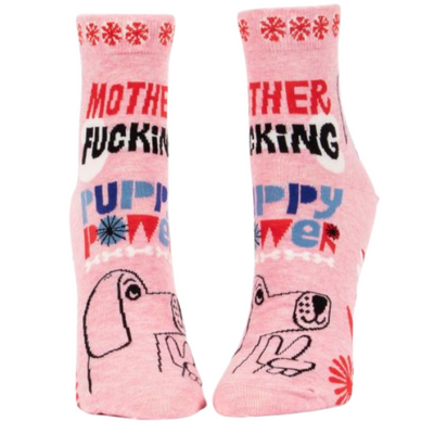 MOTHER FUCKING PUPPY POWER W-ANKLE SOCKS.  Knowledge is puppy power. Or is it the other way around? Probably doesn't matter. Women's shoe size 5-10. 51% nylon; 47% combed cotton; 2% spandex. The Sock Bar Canada