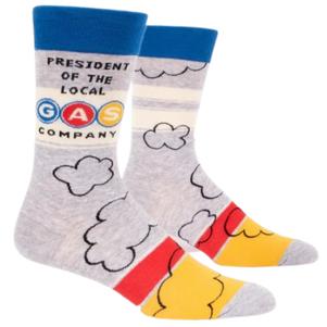 PRESIDENT OF THE LOCAL GAS COMPANY M-CREW SOCKS.  It's hard to believe, but I started in the mailroom. Men's shoe size 7-12. 57% combed cotton, 40% nylon and 3% spandex.